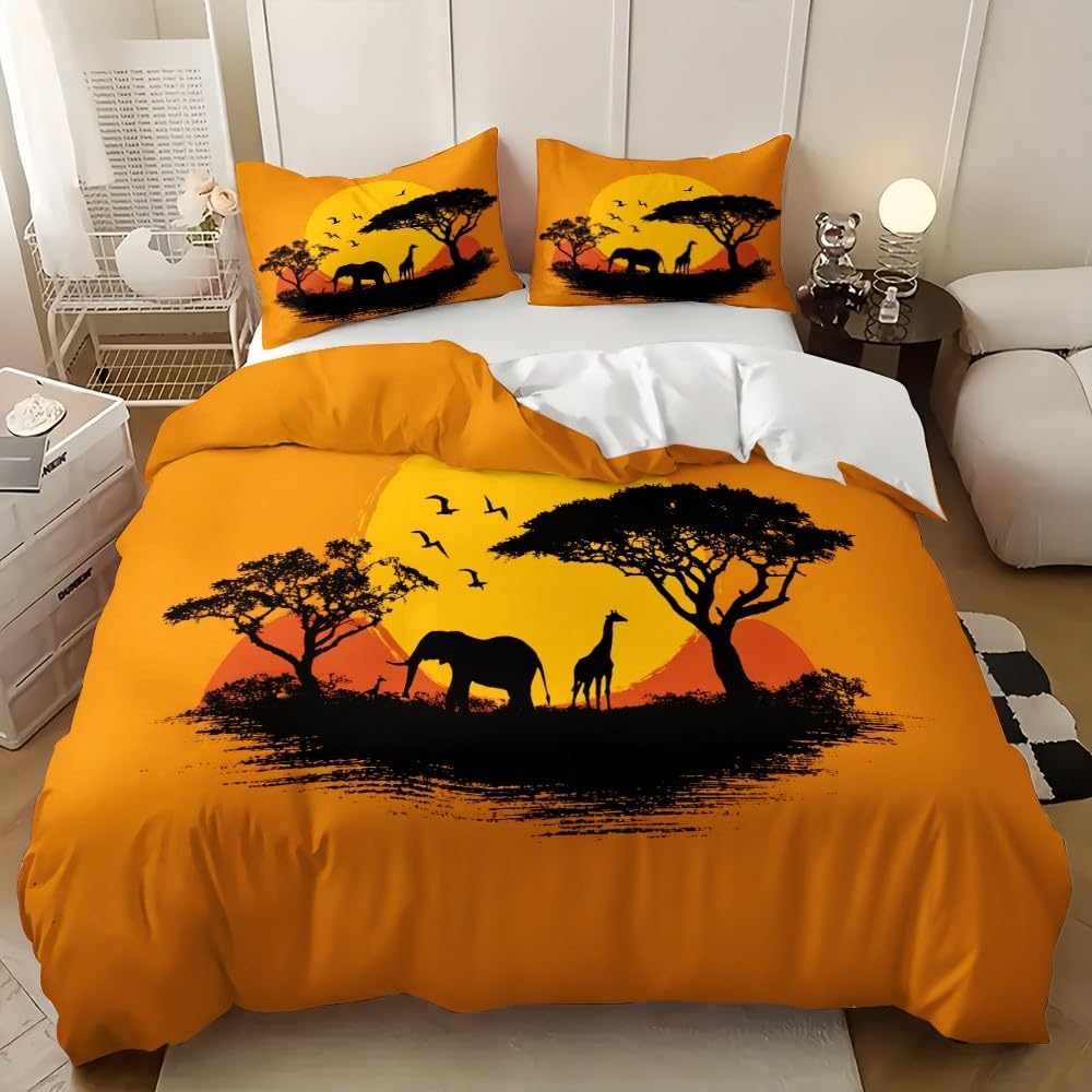Housse de couette 260x240 Afrique girafes orange douce en microfibre parure de lit 2 personnes