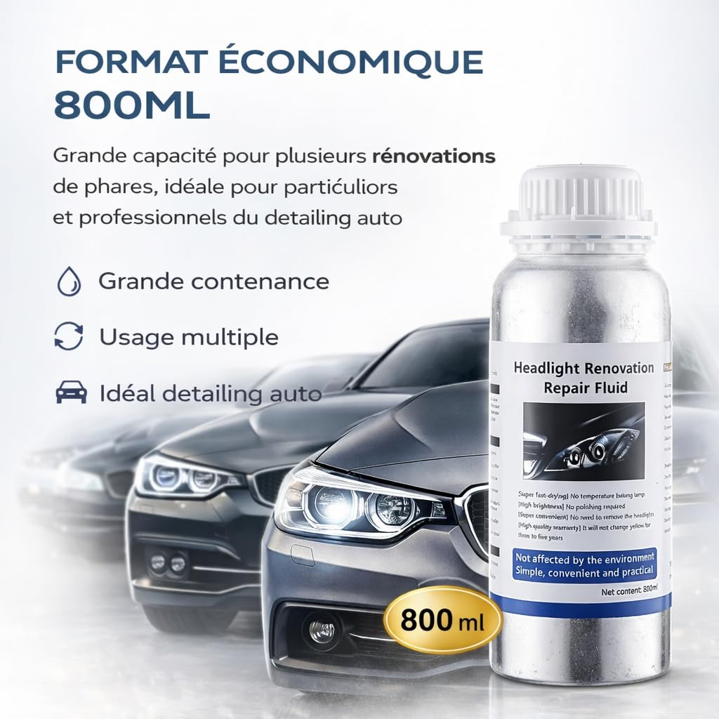Liquide Rénovation Phares Voiture 800ml – Rénovateur Optiques Auto Anti Jaunissement, Polymère Réparation Phares Oxydés, Polish Phare Voiture Transparent (1 BOUTEILLE)
