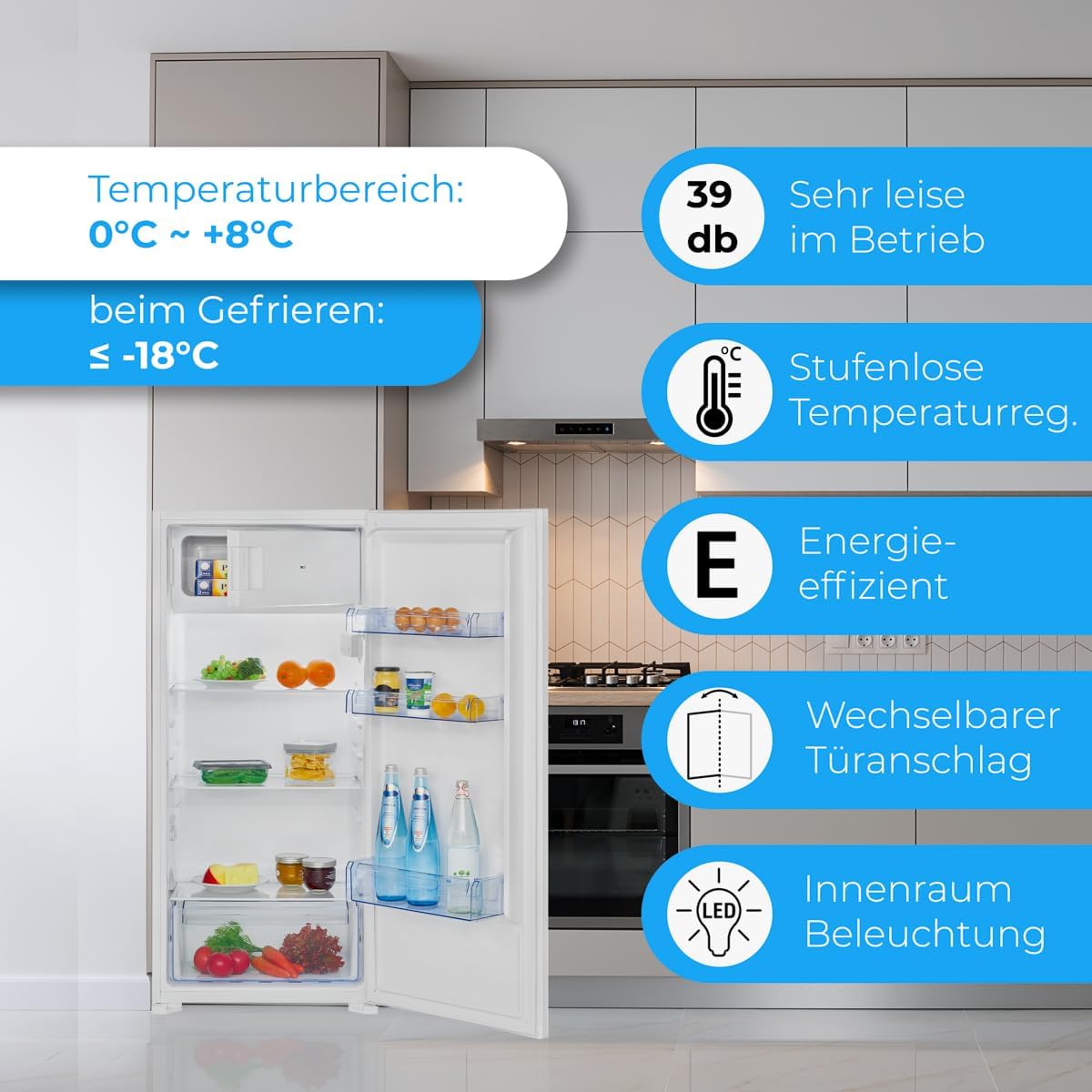 Overview of Bomann KSE7812 features: temperature range, noise level, energy efficiency, reversible door, LED lighting