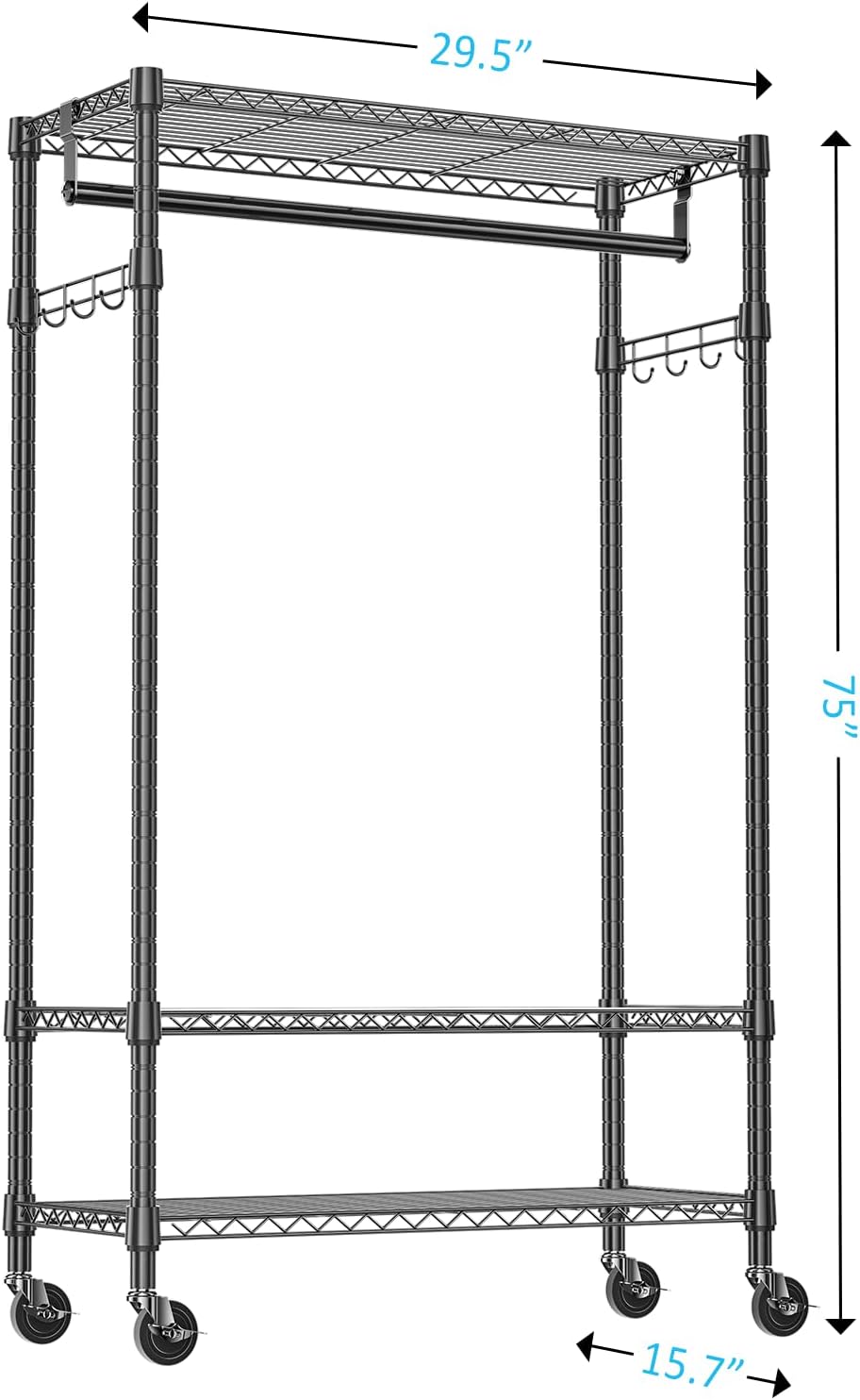 IZEUK Heavy Duty Rolling Garment Rack with 3 Adjustable Wire Shelves, Hanging Rod & Side Hooks - Mobile Clothes Rack with Wheels, 29.5" W x 15.7" D x 75" H, Black Black 3 Tier with 2 Rods, 15.7"D x 29.5"W x 75"H