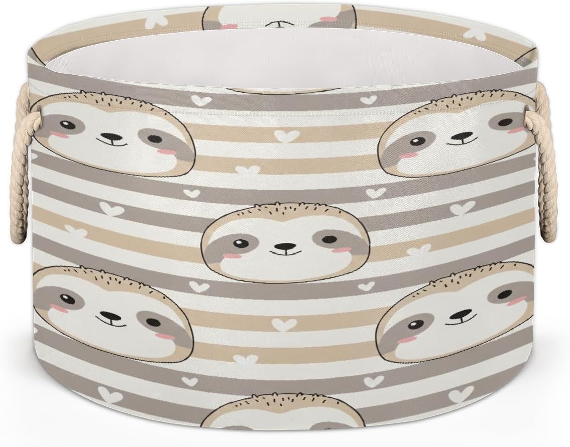 Large Storage Baskets - Sloth Striped Nursery Round Collapsible Organizer Bin Box, Laundry Hamper for Kids Toys, Blanket, Bedroom Living Room Home Decor, Gift Basket, 19.4"x13.3"
