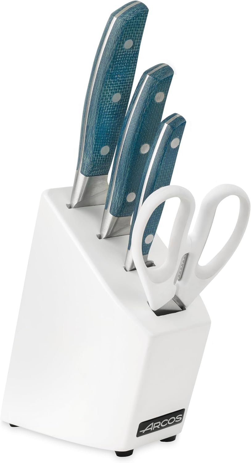 Arcos Forged Knife Set 4 pieces (3 Knives + 1 scissors) - NITRUM Forged Stainless Steel - Handle Micarta - Wooden Blocks BlueColor. Series Brooklyn Impress and Amaze with Every Cut