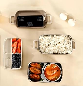 Beslenme Kutusu Paslanmaz Çelik - 2000 ml Çorba (Yoğurt) Kaseli 2 Katlı Yeni Nesil Sefer Tası Lunch Box (Kahve)
