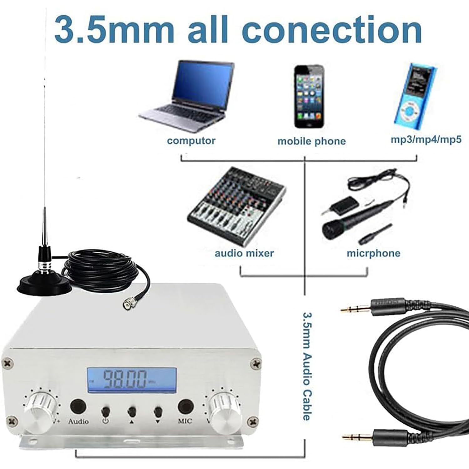 Transmisor FM de 15 W, transmisor de transmisión FM de Largo Alcance de 87-108 MHz con Conector de micrófono de 3,5 mm, para autocine, estacionamiento de Iglesias, Eventos de supermercados
