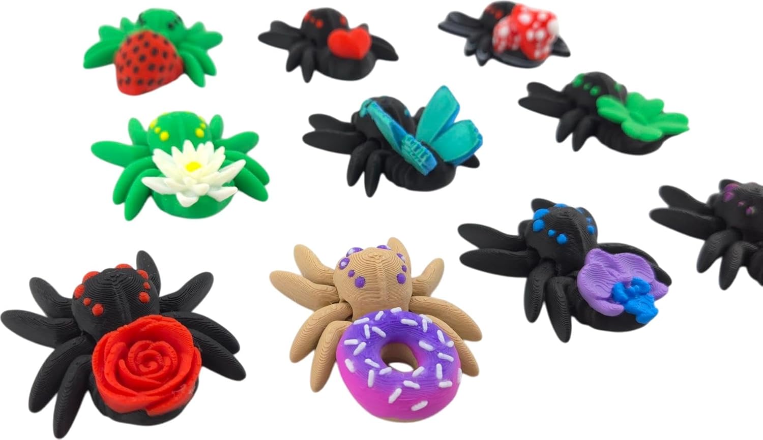3D Printed Spider Pack - Set of 10 Unique Spiders - Clover, Rose, Orchid, Heart, Crystal, Fairy, Strawberry, Donut, Mushroom and Water Lily Designs - Collectible Fidget Toys