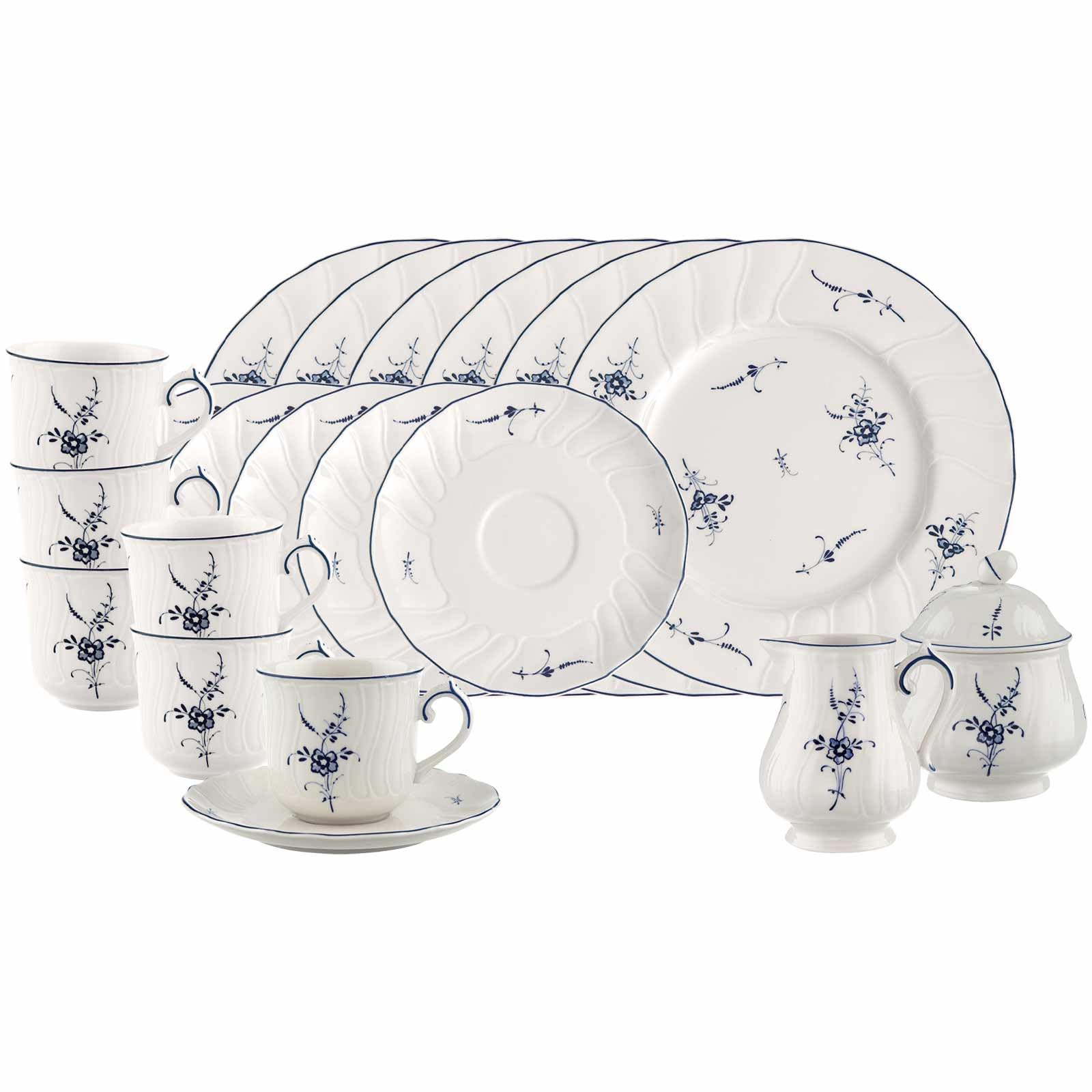 Villeroy & Boch Vieux Luxembourg Service à café 20 pièces pour 6 personnes, relief en filigrane, porcelaine de qualité supérieure, passe au lave-vaisselle et au micro-ondes, blanc/bleu