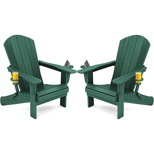 SERWALL Adirondack Chair with Cup Holders - Composite Adirondack Chairs Set of 2 HDPE Outdoor Chairs All Weather Use- Green