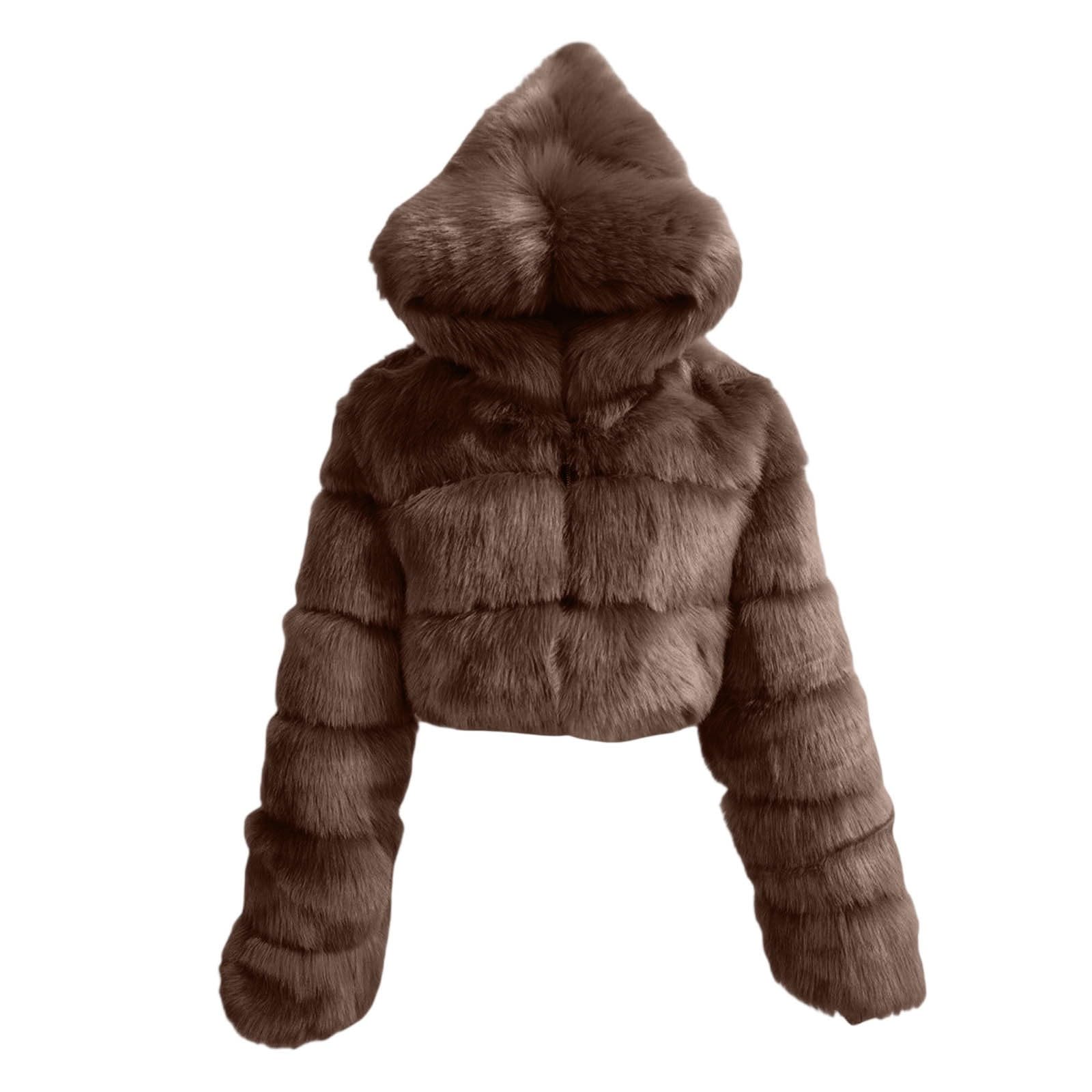 Generisch Chaqueta de piel para mujer, corta y elegante, abrigo de piel sintética, chaqueta recortada de invierno y otoño, cálida chaqueta de felpa con capucha, chaqueta de invierno, abrigos de manga