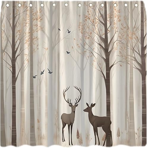 Cortina de ducha de bosque de otoño, rústico, cabaña, ciervo, acuarela, abedul, hojas de arce, otoño, naturaleza, paisaje, caza, animales salvajes,