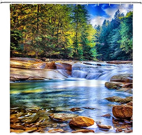 CCNSTMS Waterfall Shower Curtain Green Forest Nature Landscape Mountain Scenic Pine Trees Jungle National Park Summer Scenery Rustic Camping Lake Outdoor Decor Hiking Cloth Bath Curtain with Hook