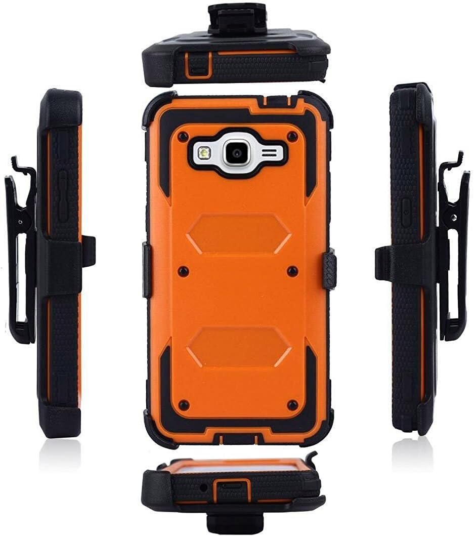 J.west Galaxy J3 Case, J3 (2016) Case, Hard Shock Absorption Full Body Rugged Hybrid Stand Holster Belt Clip Defender Phone Cover for J3, J3 (2016), J3 V, Express Prime, Amp Prime, Galaxy Sky Orange