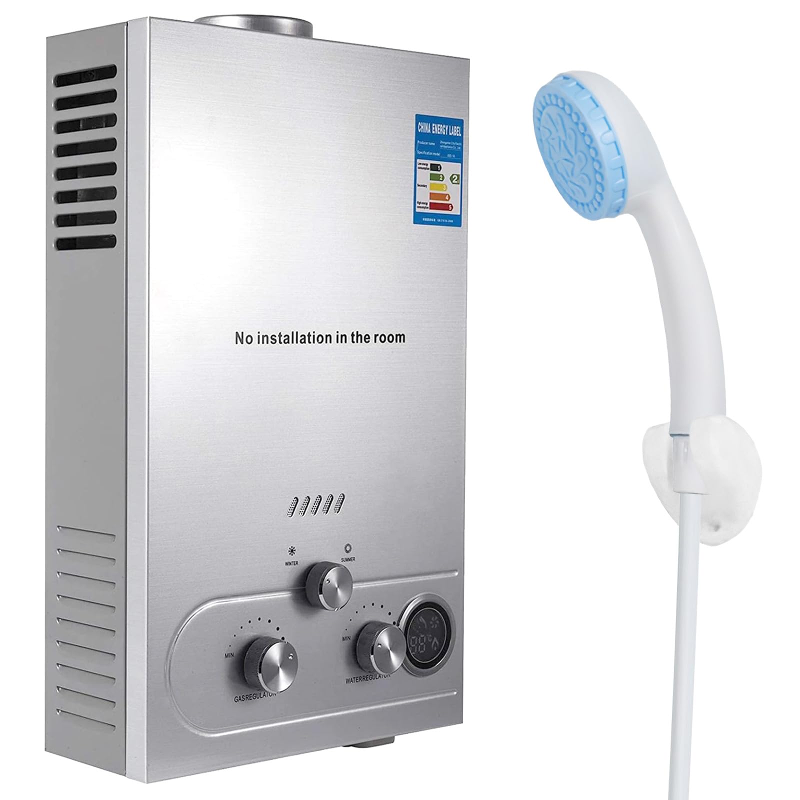 Calentador de agua a gas, calentador de agua de gas propano GLP 6L con kit de ducha con modos de invierno y verano, calentador de agua instantáneo sin depósito 16kw, para el hogar y el exterior (A)