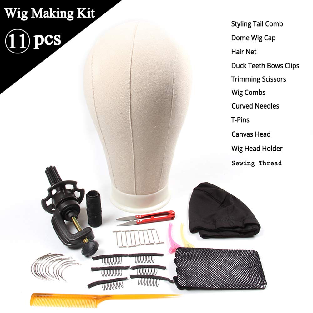 11 PCS Wig Making Kit Canvas Block Head With Stand Mannequin Head Diy Dome Wig Cap Combs Needles T Pins Thread Clamp22 Inch Head tools