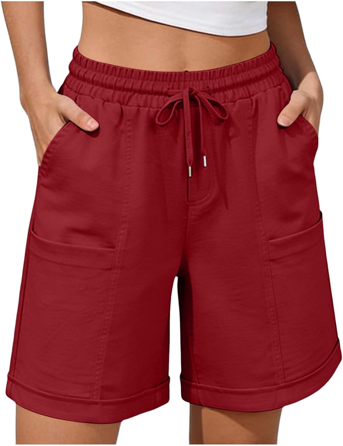 Women's Bermuda Long Shorts Summer 8'' High Waisted Casual Shorts Elastic Drawstring Pull On Short Pants with Pockets