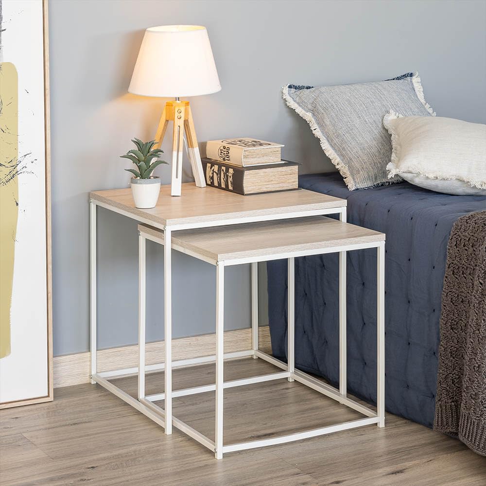 Set 2 Tavolini Da Salotto Quadrati Impilabili - 45 E 50 Cm, Stile Industriale, In Legno E Acciaio