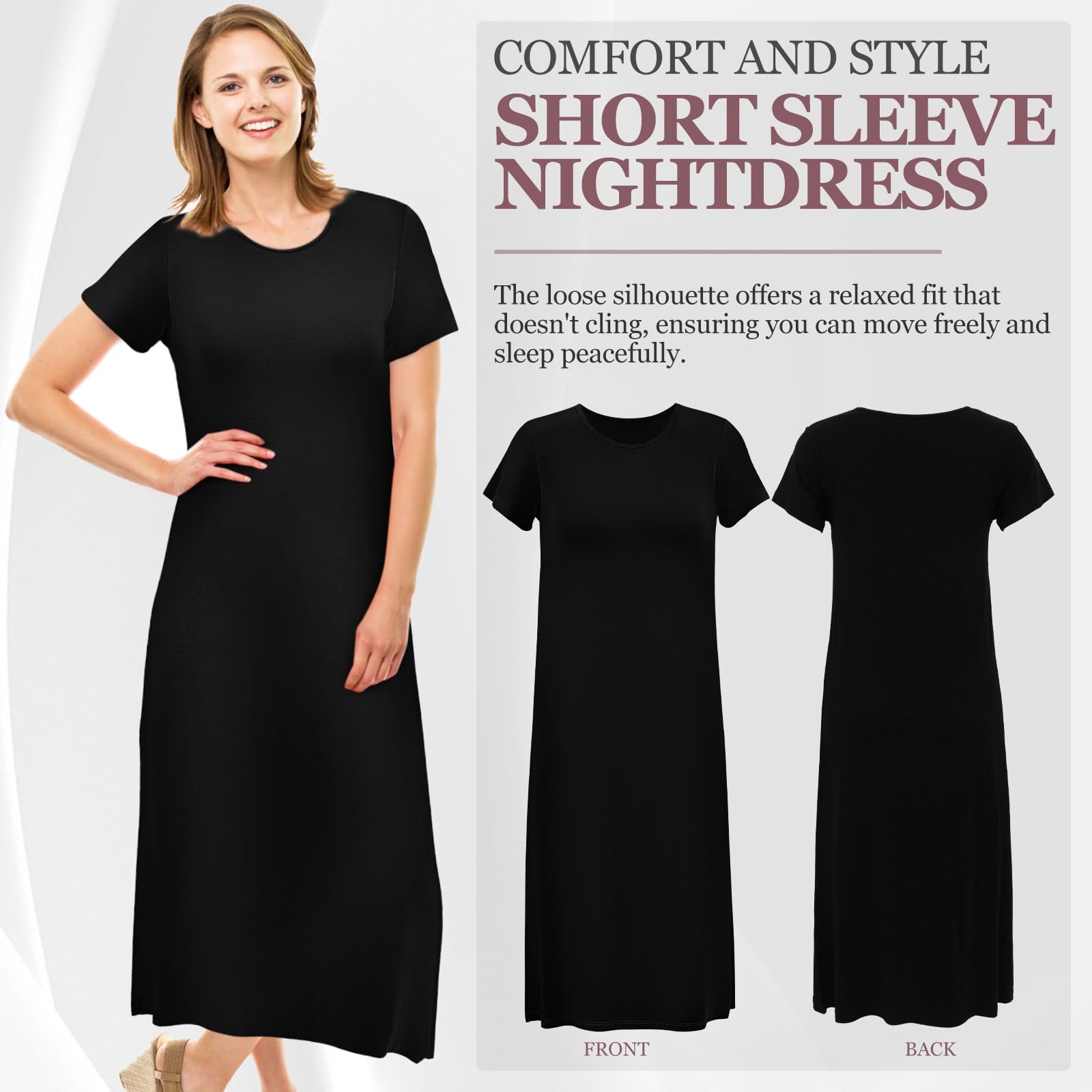 Garneck Camisón de Mujer de Manga Corta, Cuello Redondo, Holgado | Fibra Sintética Transpirable, Negro, Cómodo para Casa y Descanso, Talla Grande