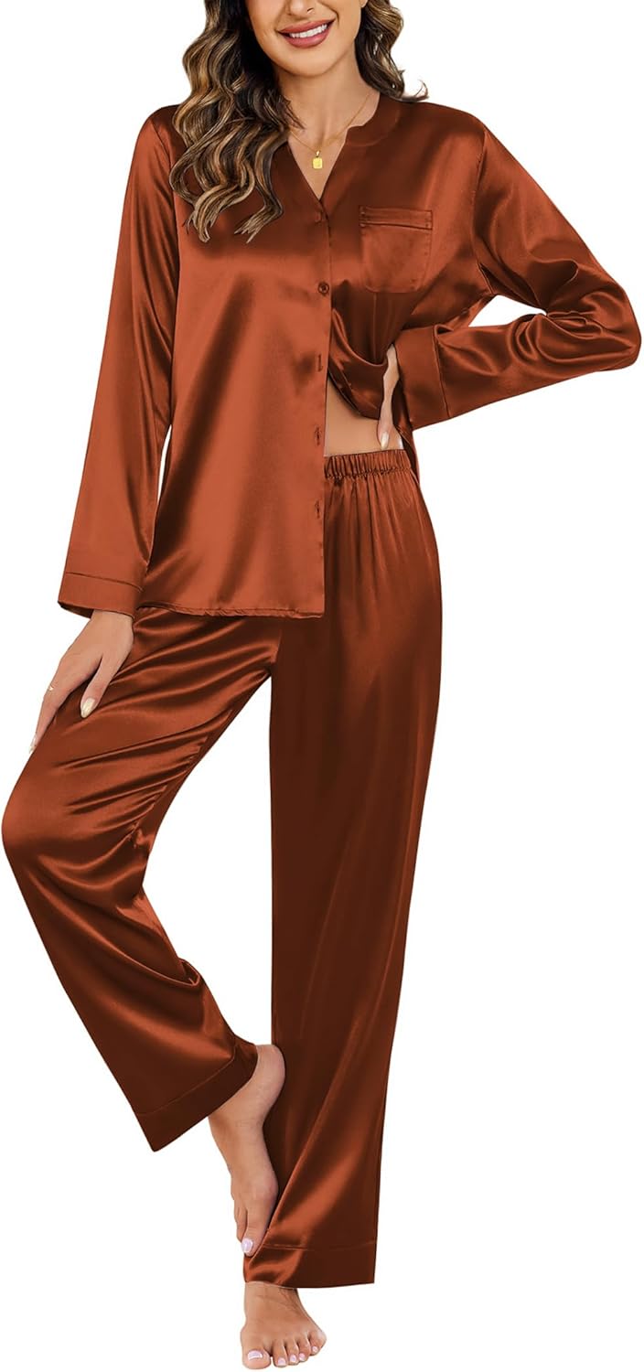 Ekouaer Silk Pajamas For Women 2 Piece Set Satin Pjs Long Sleeve Button Up Sleepwear Comfy Lounge sets