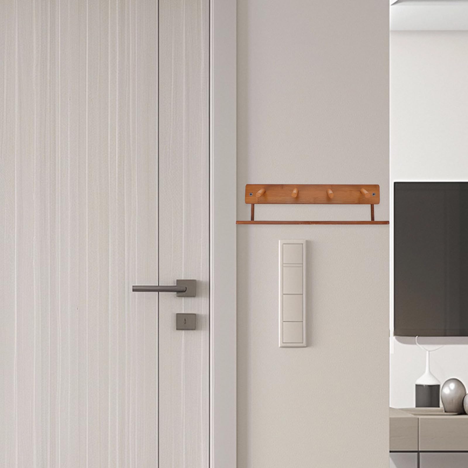 KOMBIUDA Perchero de Pared de Madera de Espacio Marrón Estilo Rústico 4 Ganchos y Estante Adecuado para Entrada, Dormitorio o Cocina