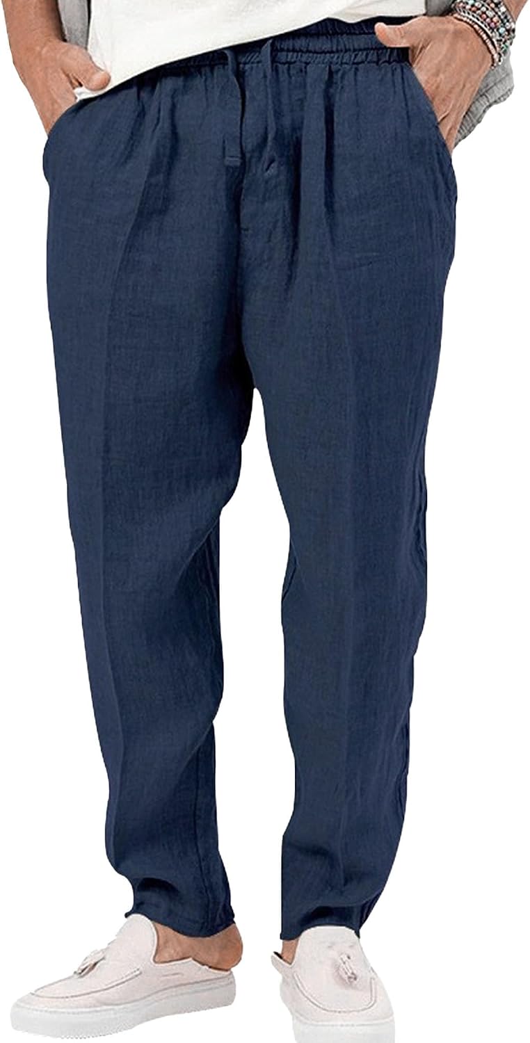 Men's Cotton Linen Stylish Solid Pants Loose Fit Comfort Beach Yoga Trousers Casual Lightweight Hiking Pants