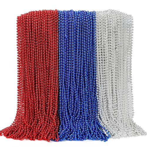 100PCS 4th of July Accessories 250th Anniversary Patriotic Beads Necklace Bulk Fourth of July Red Blue Silver Necklace Party Favors Beads for Veterans Day Parade Party Celebration Favors Decor