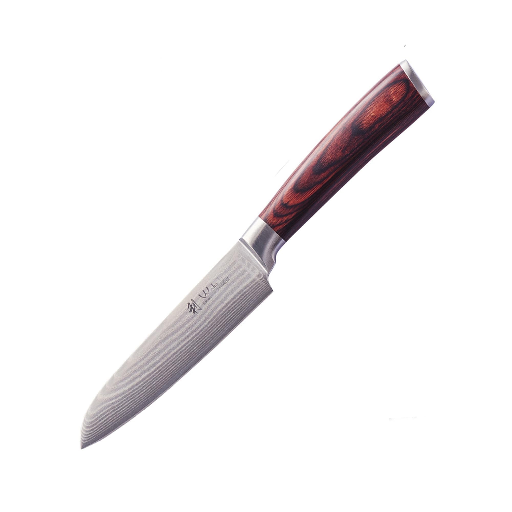 WAKOLI Edib Petit Couteau Santoku en Damas I Lame tranchante de 12 cm en acier damassé à 67 couches avec noyau VG10 et manche en bois de pakka I Couteau de cuisine professionnel & couteau damassé