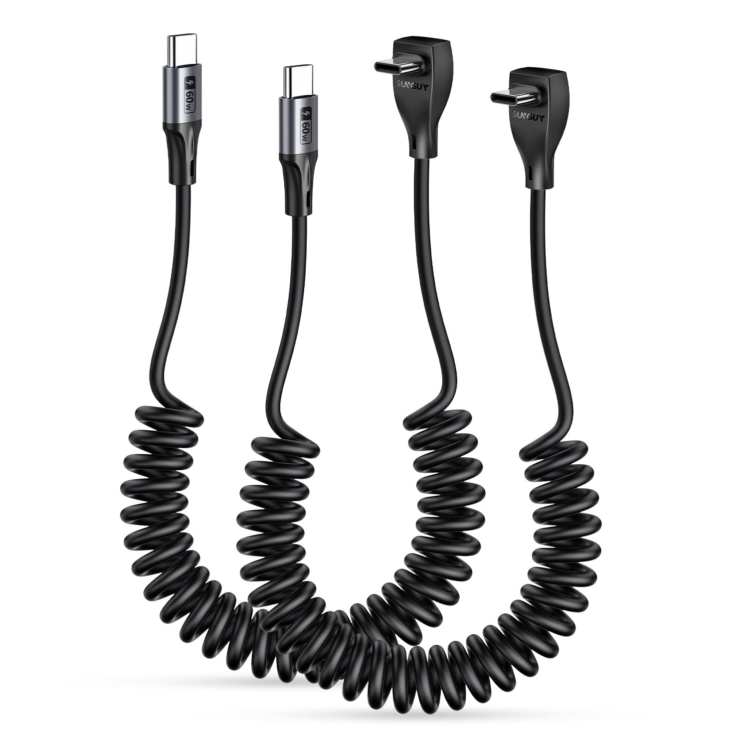 SUNGUY USB C Spiralkabel Winkel 1.2M [Empfohlene Auszugslänge: 0.3m–0.8m] 2Stück 60W USB-C Ladekabel und Datenkabel für Android Auto, Carplay, Tesla Model Y, i-Phone 17/16/15 Serie, Galaxy S24, Pixel