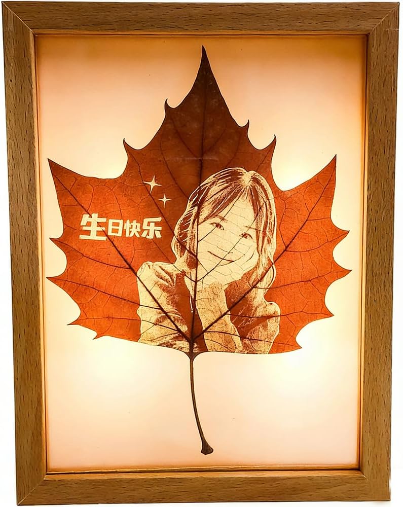 A-Parts Personalized Photo Engraved Maple Leaf Frame, 8 Inch LED Light Up Custom Leaf Carving Art with Picture Text, Handmade Natural Yellow Green Maple Leaf for Anniversary Memorial Gift