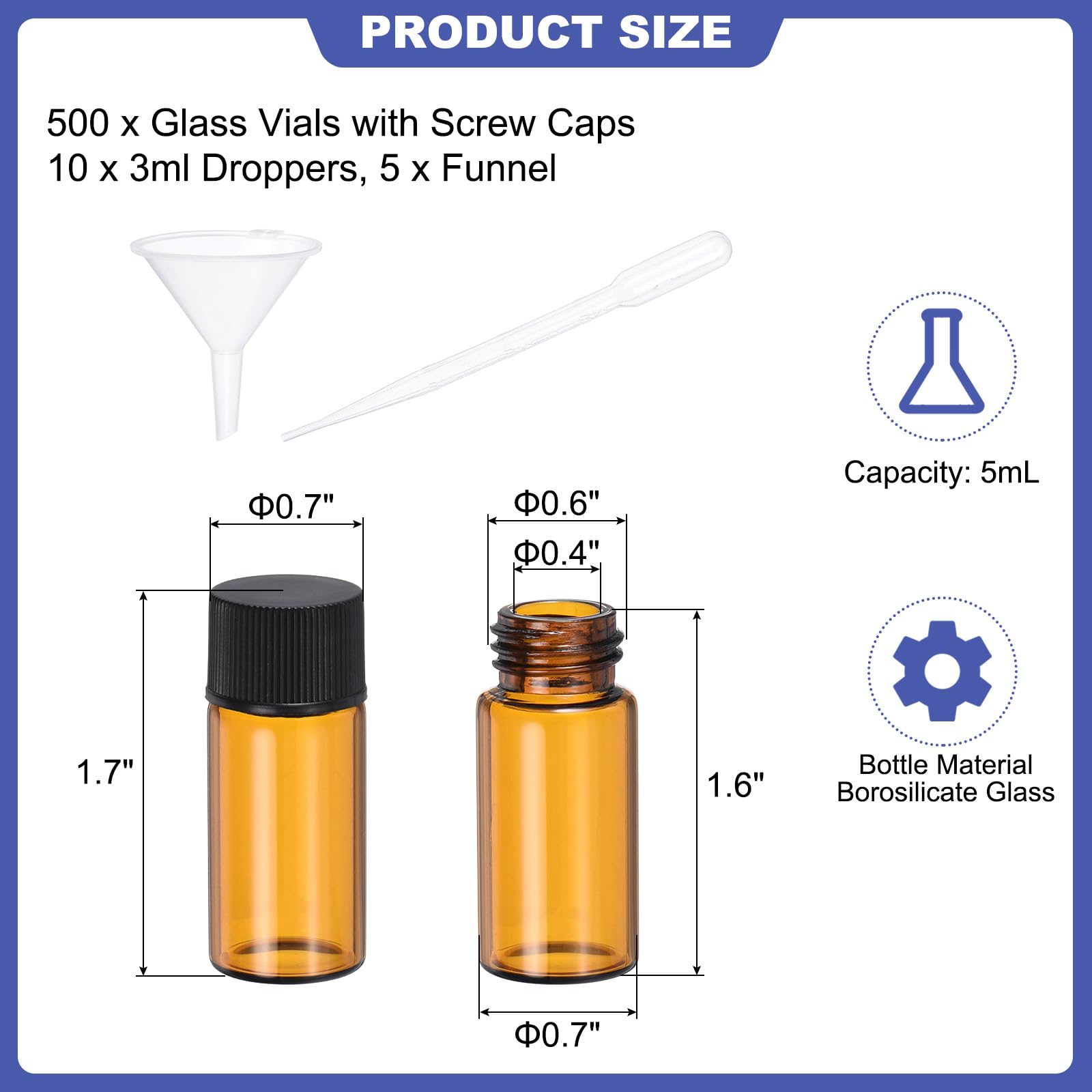 PATIKIL Frascos de Vidrio Ámbar de 5 ml, Paquete de 500 Frascos de Muestra con Tapa de Rosca, Botella de Medios de Reactivo con 10 Goteros y 5 Embudos a Prueba de Fugas