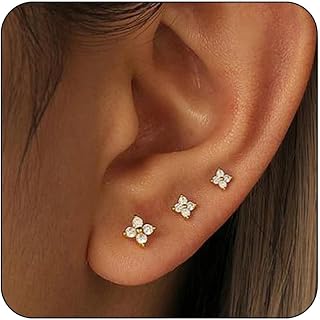 Lunvky 3 Pairs 14K Gold Plated 925 Sterling Silver Dainty Stud Earrings for Women - Tiny Cartilage Tragus Helix Multiple Piercings