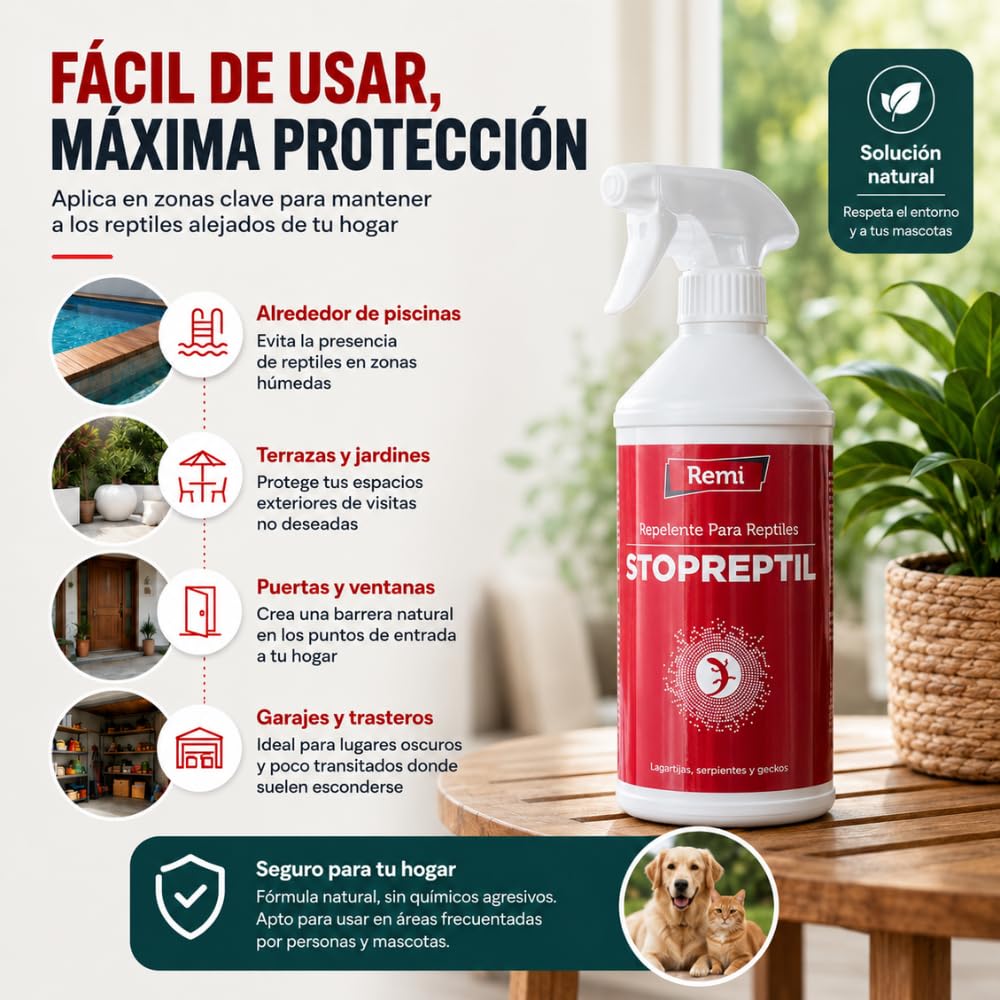 Remi Hogar | Repelente para Reptiles, en Aerosol | para Serpientes Lagartijas Salamanquesas Geckos | Spray Repelente Deshabituante | Sin venenos | Sin productos nocivos | 750 ml