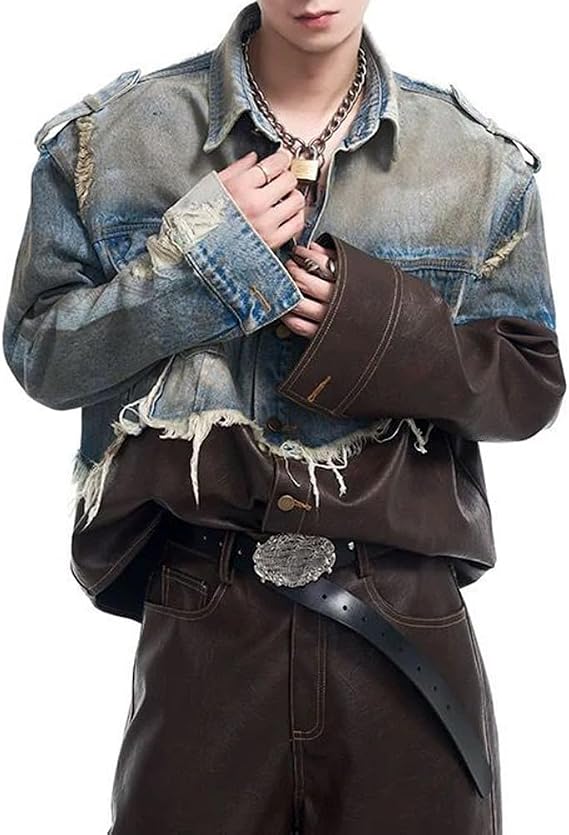 Denim Jacket Men Button Down Patchwork Color Block Ripped Distressed Jean Jackets