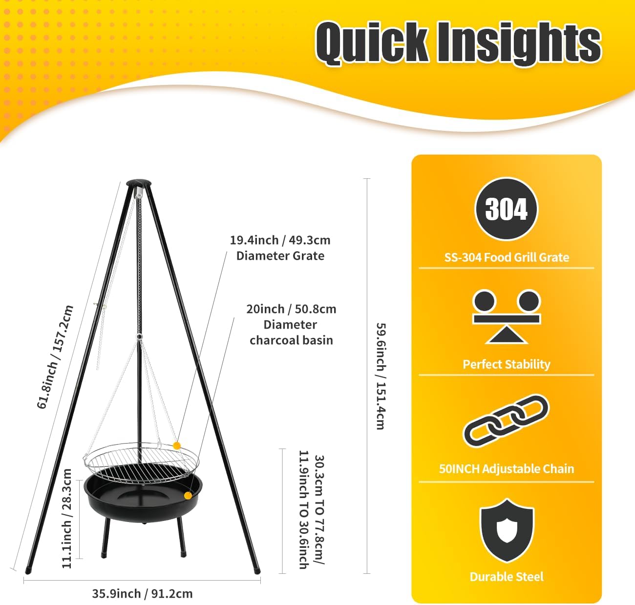 Campfire Tripod Grill, Adjustable Height BBQ Grill, Foldable Tripod Grill for Outdoor Camping Fire (black)