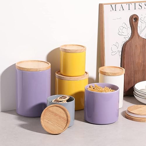 Miniatura 9 de Sweejar Recipientes de cocina de cerámica para almacenamiento de alimentos recipientes apilables con tapa de madera hermética para servir café