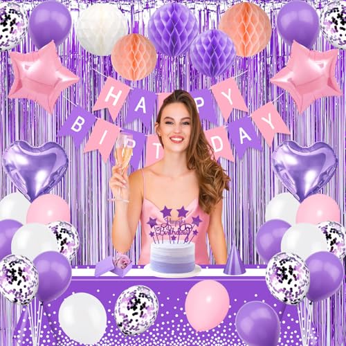 Image of Pink Purple Birthday Party Decorations Supplies Lavender Happy Birthday Banner Honeycomb Balls Fringe Curtain Foil Balloons Hanging Swirls Cake Topper Tablecloth Party Supplies for Women Girls