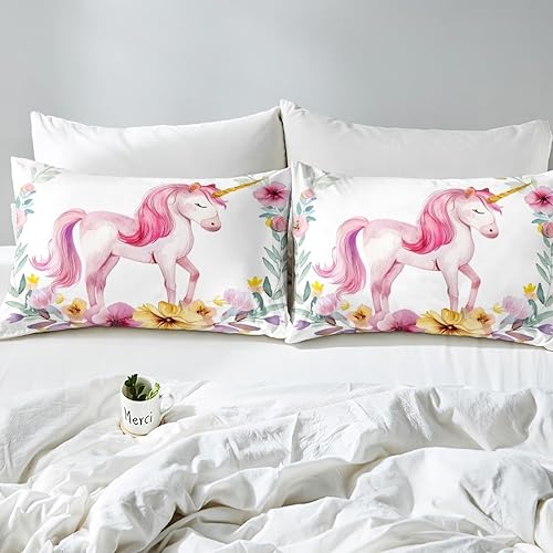 Miniatura 4 de Erosebridal Juego de sábanas de unicornio tamaño matrimonial, sábanas de cama Kawaii de dibujos animados de animales mágicos, sábana bajera Multi