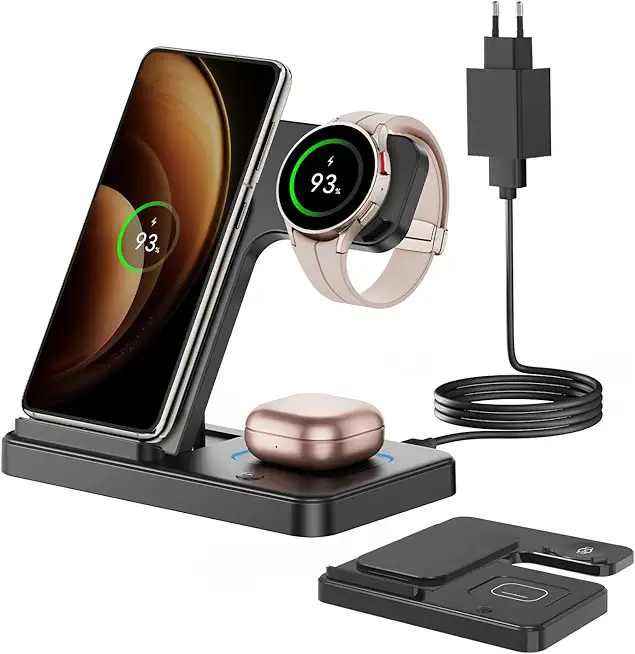 GEEKERA Induktive Ladestation für Samsung, 3 in 1 Faltbare Wireless Charger für Samsung S25/S24/S23/S22, Induktionsladegerät für Galaxy Watch 8/7/6/5/4/3, Kabelloses Ladegerät für Galaxy Buds-Schwarz