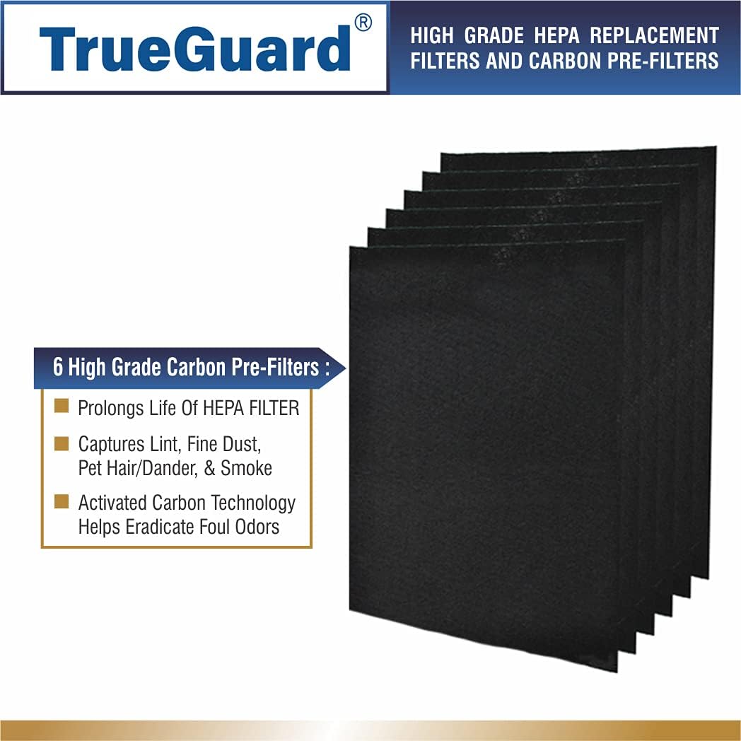TrueGuard Air Purifier Replacement Pre-Filters for HPA200| 6 Pack of Pre-cut Activated Carbon Prefilters | Precision Fit for Honeywell Home Air Purifier Models HPA200, 202, 204, and 250B.