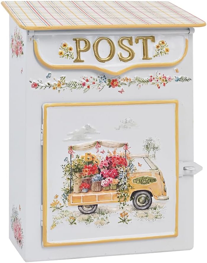 Mailbox Vintage Floral Wall Mount Mailbox for Outside, White Metal Post Box with Bird and Butterfly Design, Decorative Antique Style Mail Drop Box for House（Yellow）