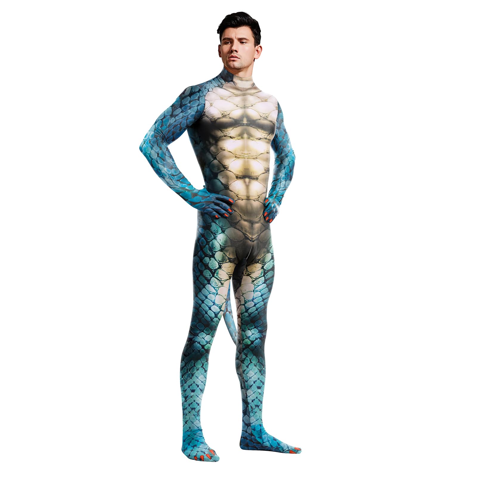 Men's Animal Bodysuit Costume with Big Tail Print Petsuit Spandex Furry Jumpsuit Cosplay Halloween Party