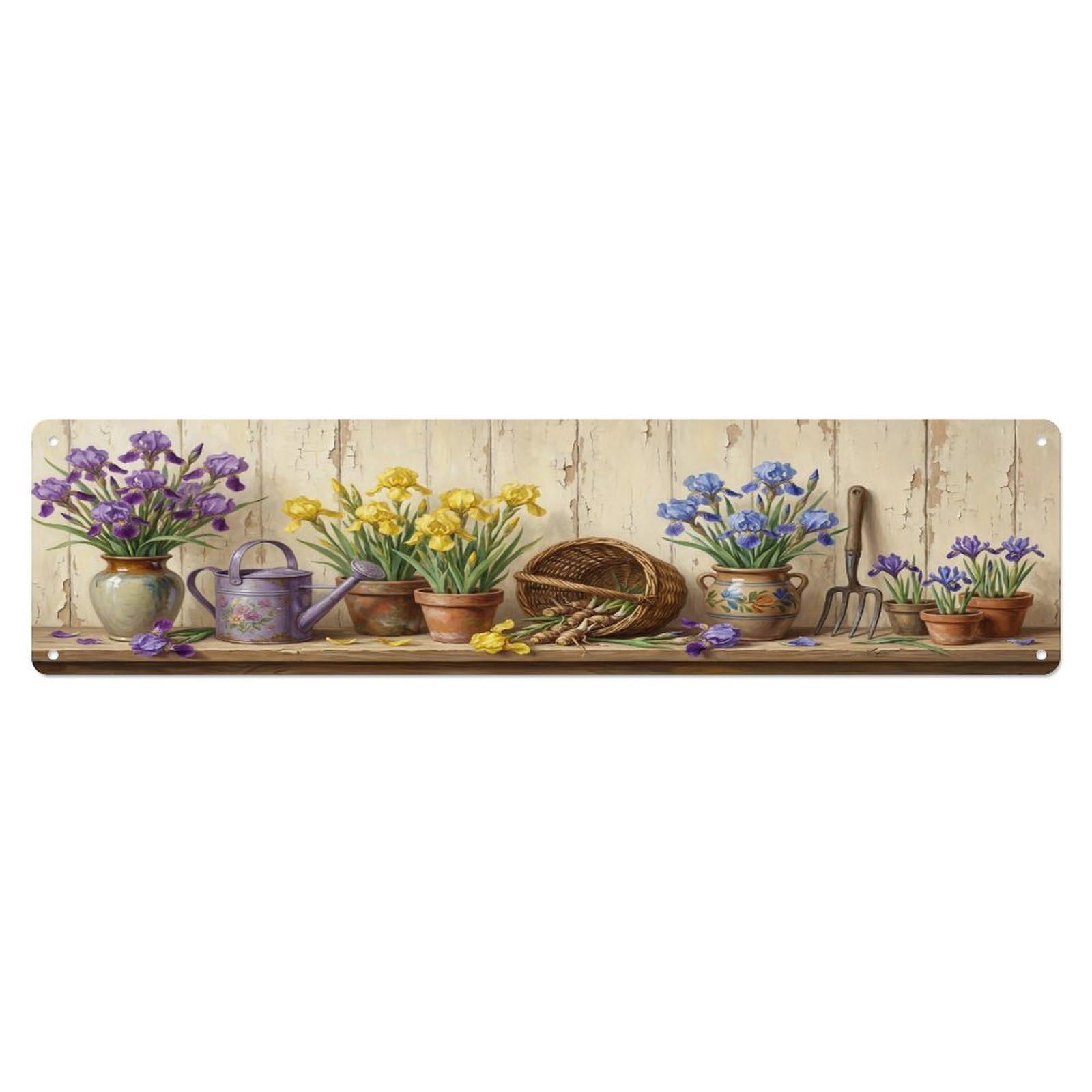 Floral Garden Tools Iris Ceramic Pattern Print Metal Tin Sign