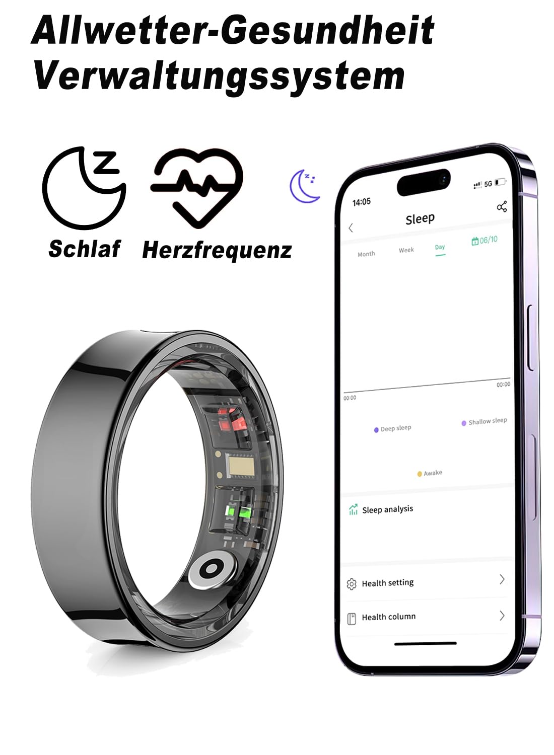 Bague intelligente pour homme et femme - Avec étui de chargement - Étanche 5 ATM - Compatible avec iOS/Android - Pour le sommeil, la fréquence cardiaque, le rappel physiologique