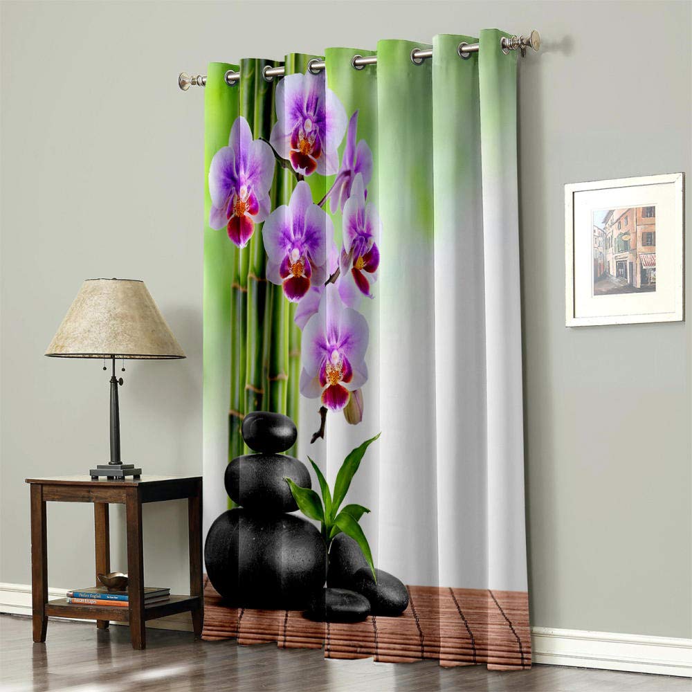 Blickdichte Gardinen Verdunkelungsvorhang mit Ösen Lila Orchidee auf schwarzen Kieselsteinen 100% Polyester Lichtundurchlässige Vorhang für Schlafzimmer Geräuschreduzierung 110x215cmx2 Stücke