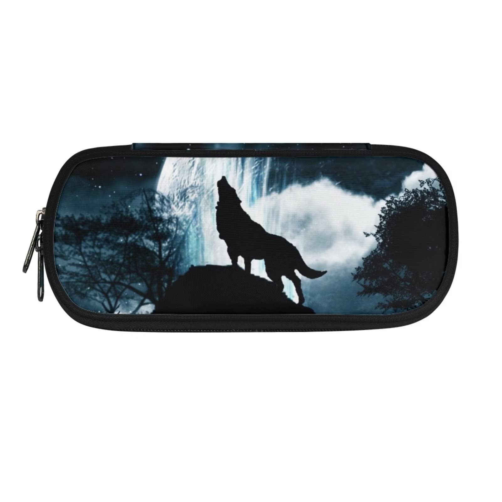 HUGS IDEA Moon Night Wolf Large Pencil Case for Kids Boys Girls School Supplies Zipper Pencil Bag Stationery Organizer Pencil Pouch Holder for Students Teens — image 1