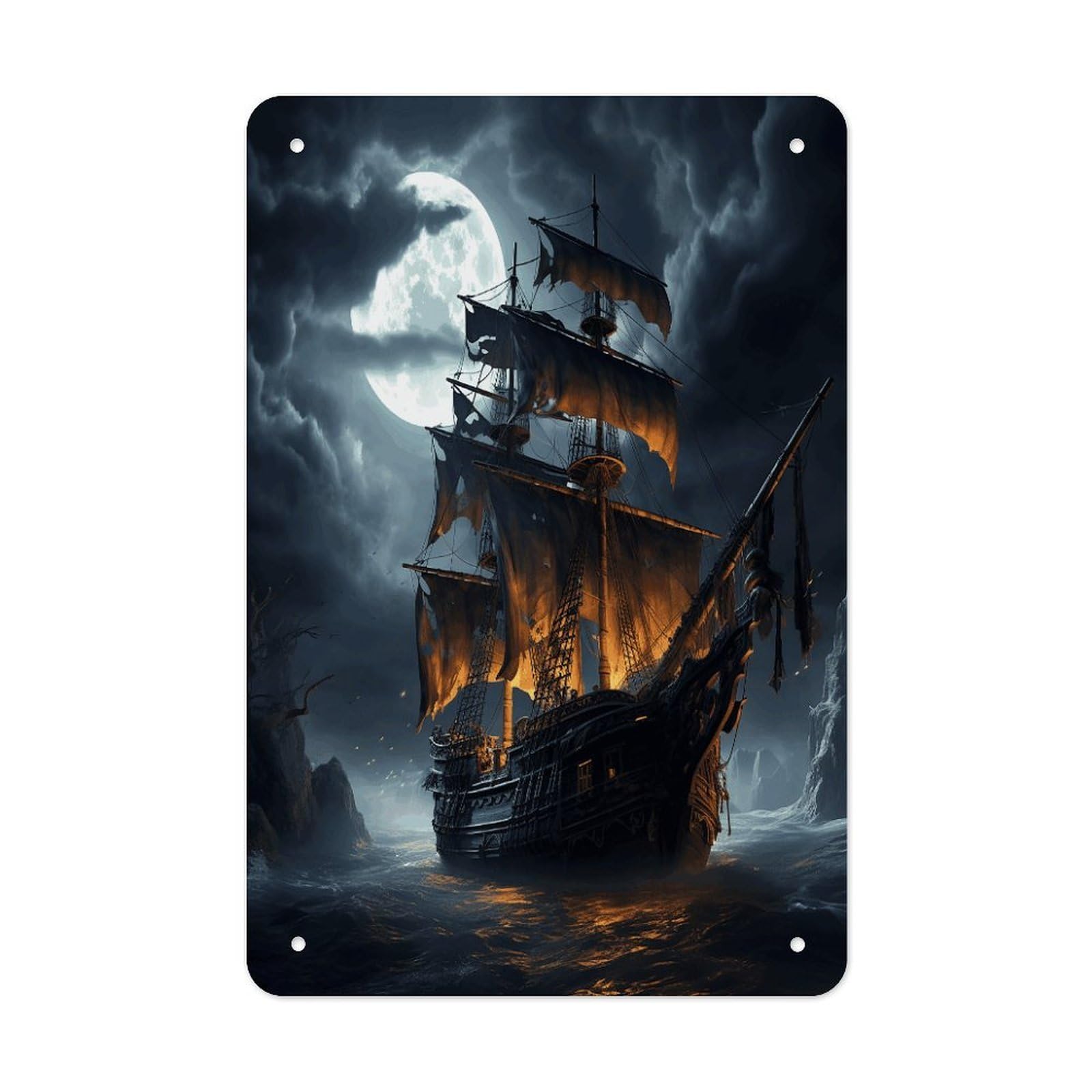 VstaDank Pirate Sailboat Full Moon Metal Tin Signs Personalized Wall Art Prints Decoration Art Poster Funny Vintage Tin Sign Iron Sheet Painting Metal Signboard Decor Painting for Wall Decor