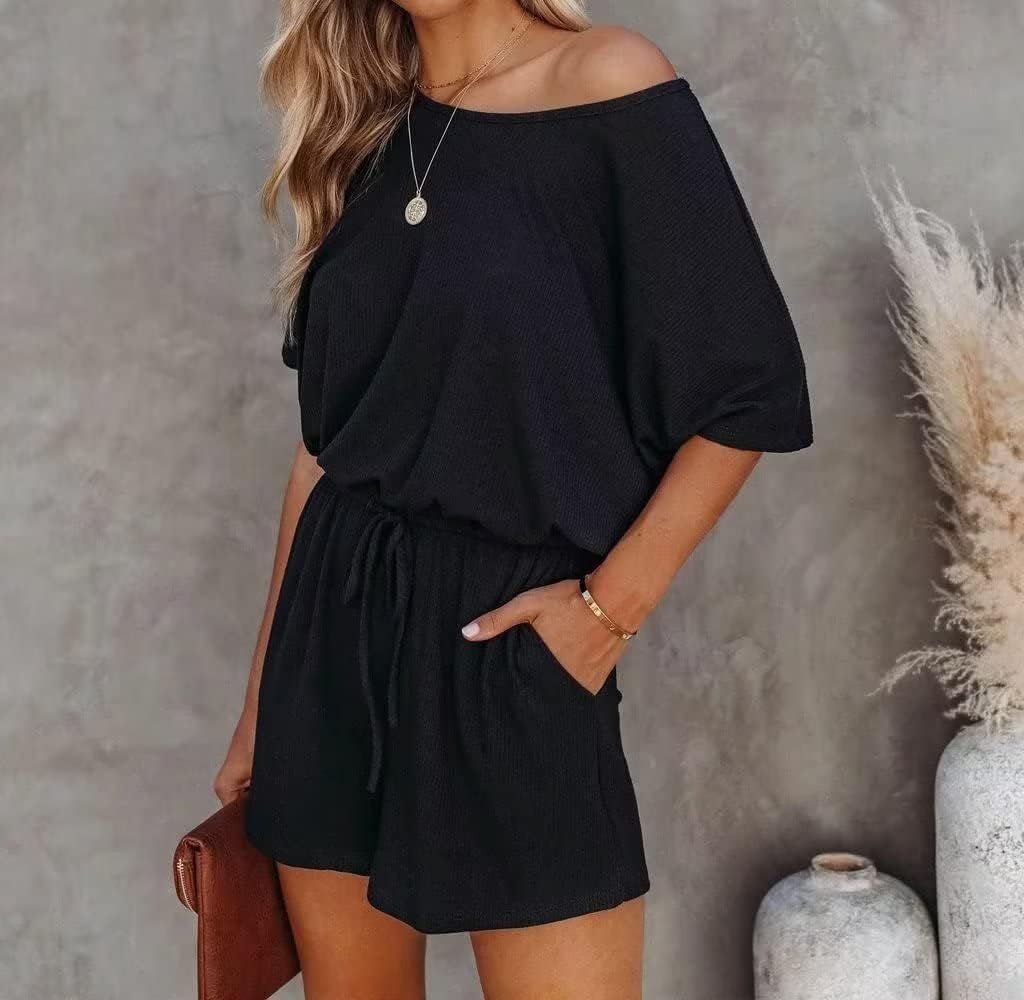 Lacozy Women's 2026 Summer Short Sleeve Off The Shoulder Rompers Casual Shorts One Piece Overall Jumpsuits Dressy - Image 3