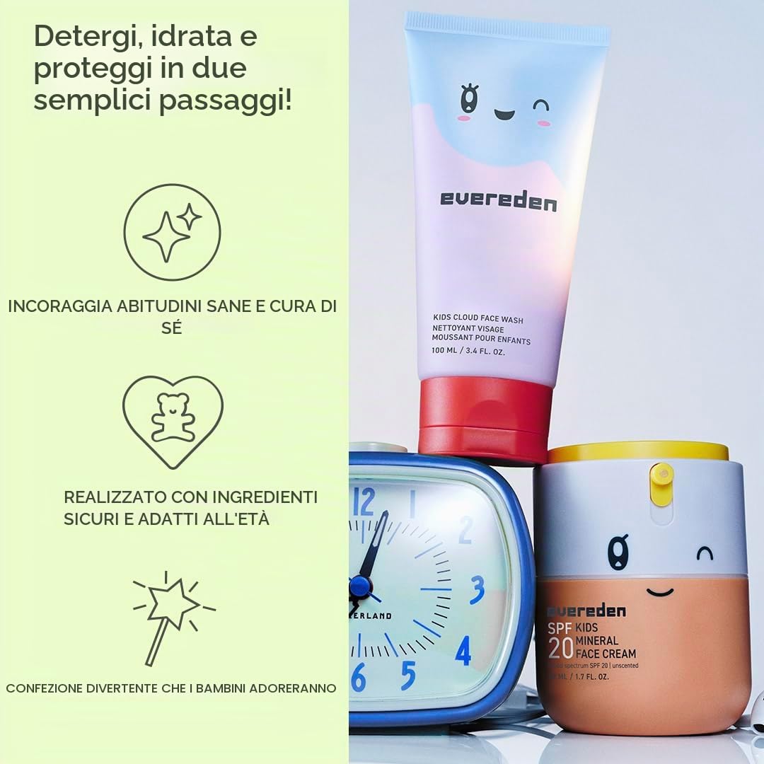 Kids Happy Morning DUO: set per la cura della pelle pulita e vegana per bambini, detergente viso a nuvola per la cura della pelle + crema viso minerale SPF 20, atossica, non comedogenica, divertente