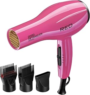 RED by KISS 2000 Ceramic Tourmaline Hair Dryer with 2 Detangler Piks, 3 Heat Settings, Pink - Frizz-Free Salon Blowout