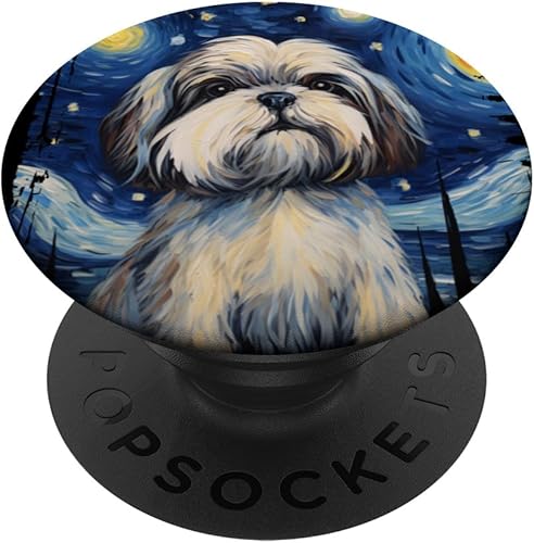 Shih Tzu Perro Noche Estrellada Pintura Perro Mamá Papá PopSockets Estándar PopGrip