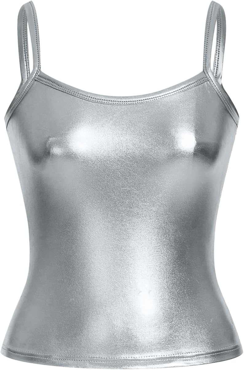 WDIRARA Women's Metallic Faux Leather Camisole Tops Spaghetti Strap Cami Top Rave Clubwear