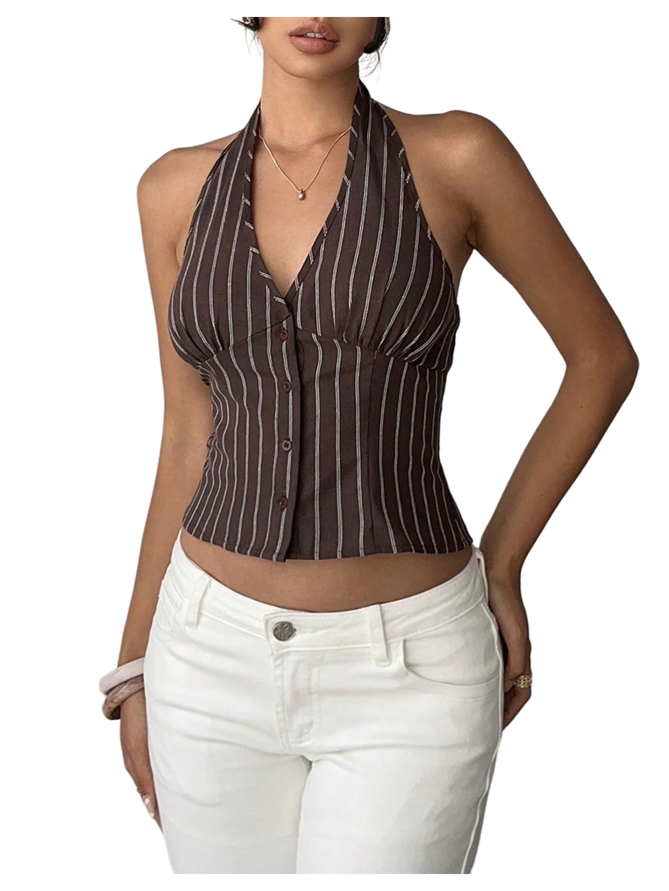 Womens Striped Backless Halter Tops Button Down V Neck Crop Suit Vest Dressy Blazer Tops